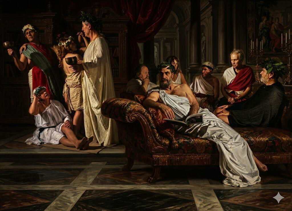 Tableau vivant ispirato a Il Simposio di Anselm Feuerbach (da Platone), per la regia di Gabriel Rifilato, rielaborato da Martino Pirella con il supporto dell’IA generativa.